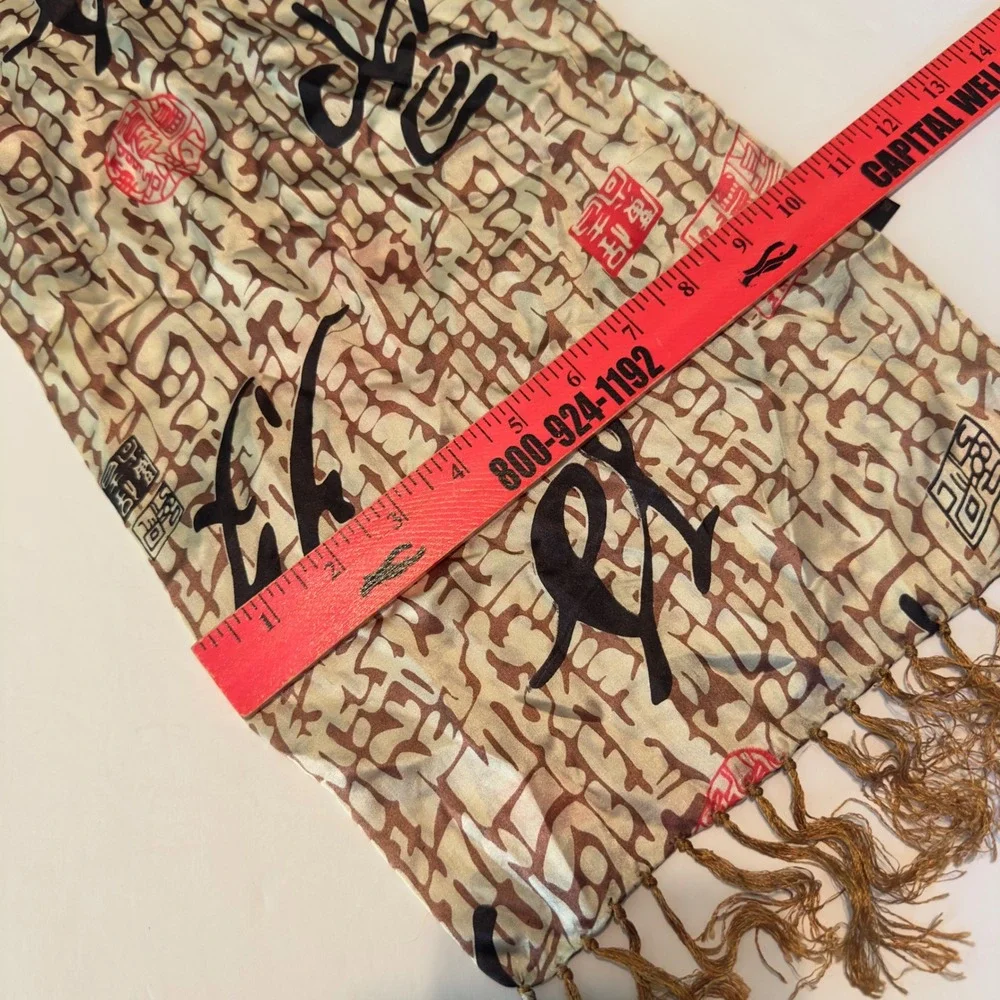 100% Silk Calligraphy Print Scarf Tan Brown Black Red Tassel Fringe Rectangular